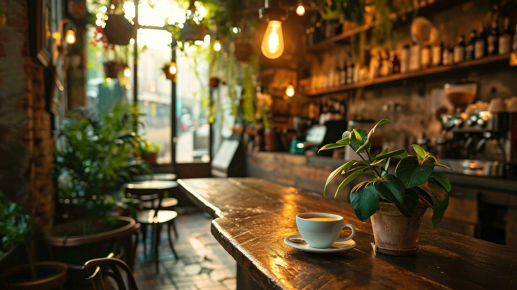 ai generado un estético estudio café tienda interior presentando un café taza y planta foto