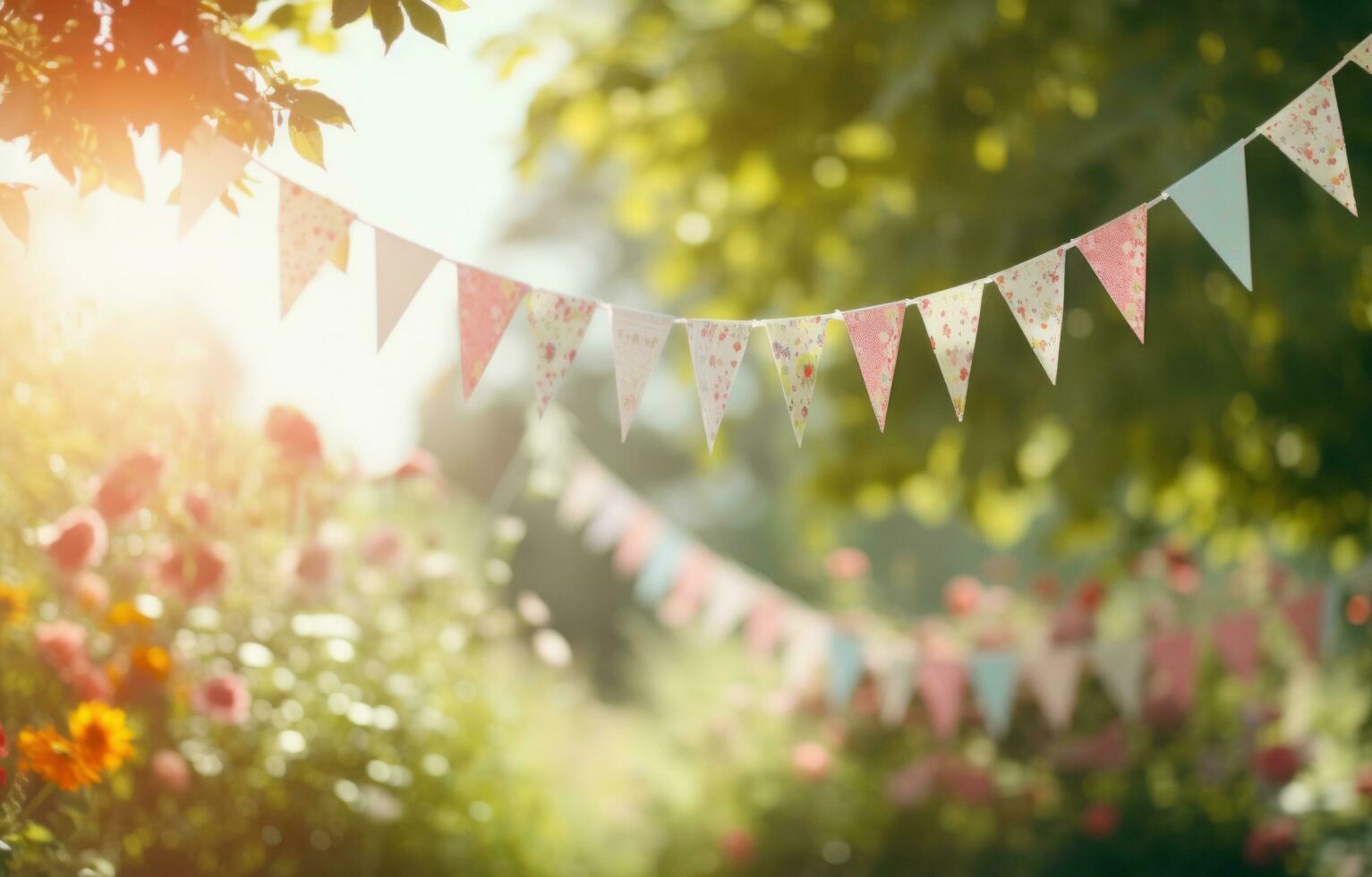 AI generated paper bunting in sunlight for a wedding or party photo