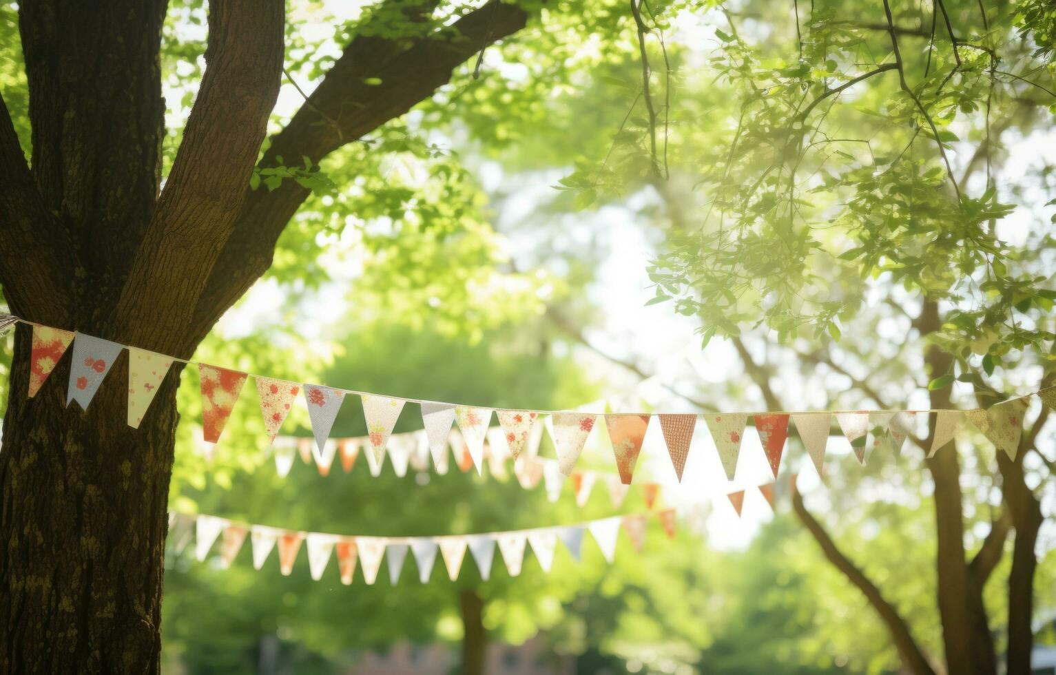 AI generated paper bunting in sunlight for a wedding or party photo