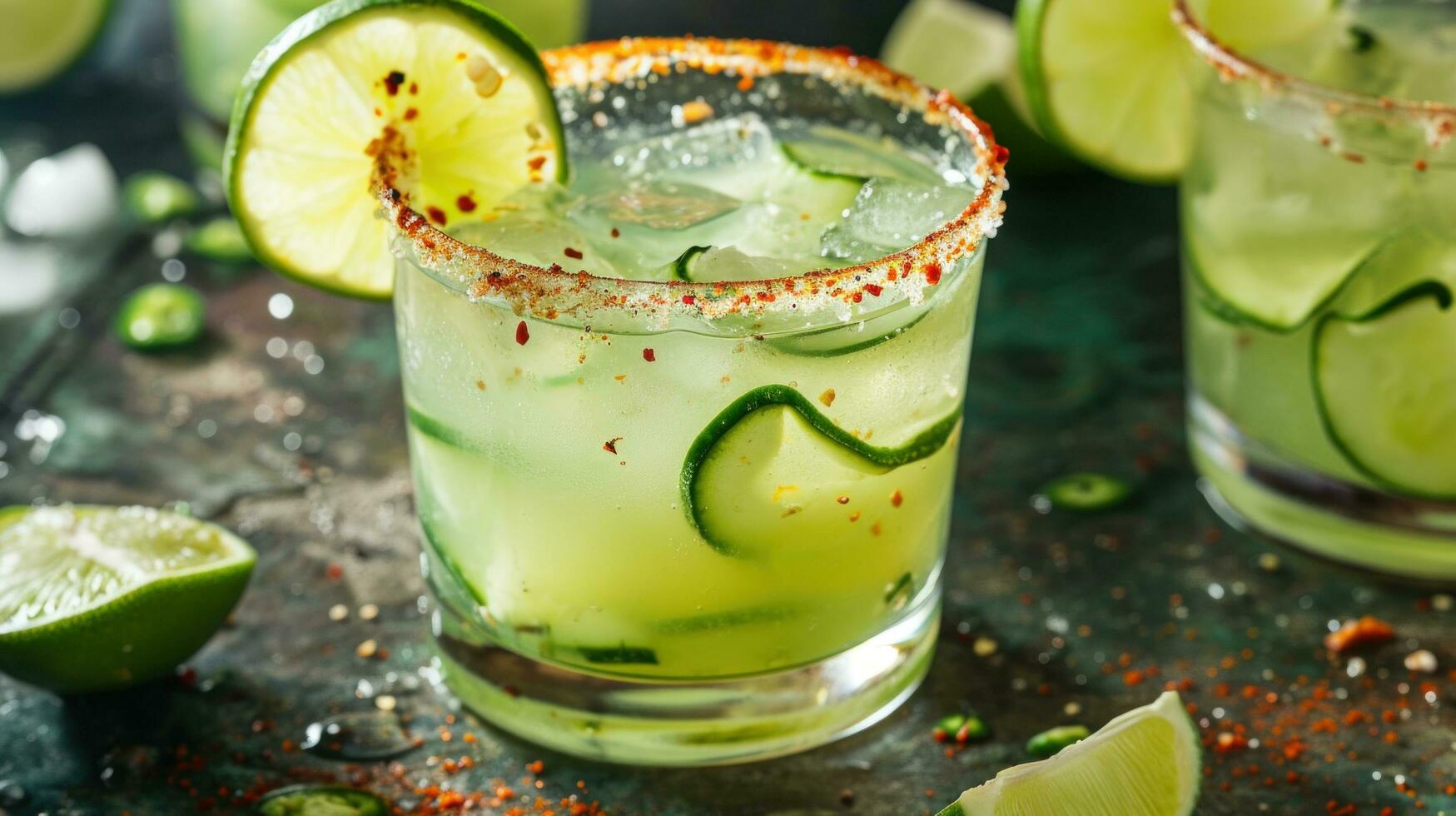 AI generated Cucumber Margarita with Lime and a Spicy Rim photo