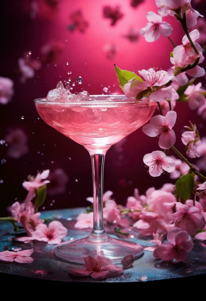 AI generated pink cocktail with a green leaf and a flower photo