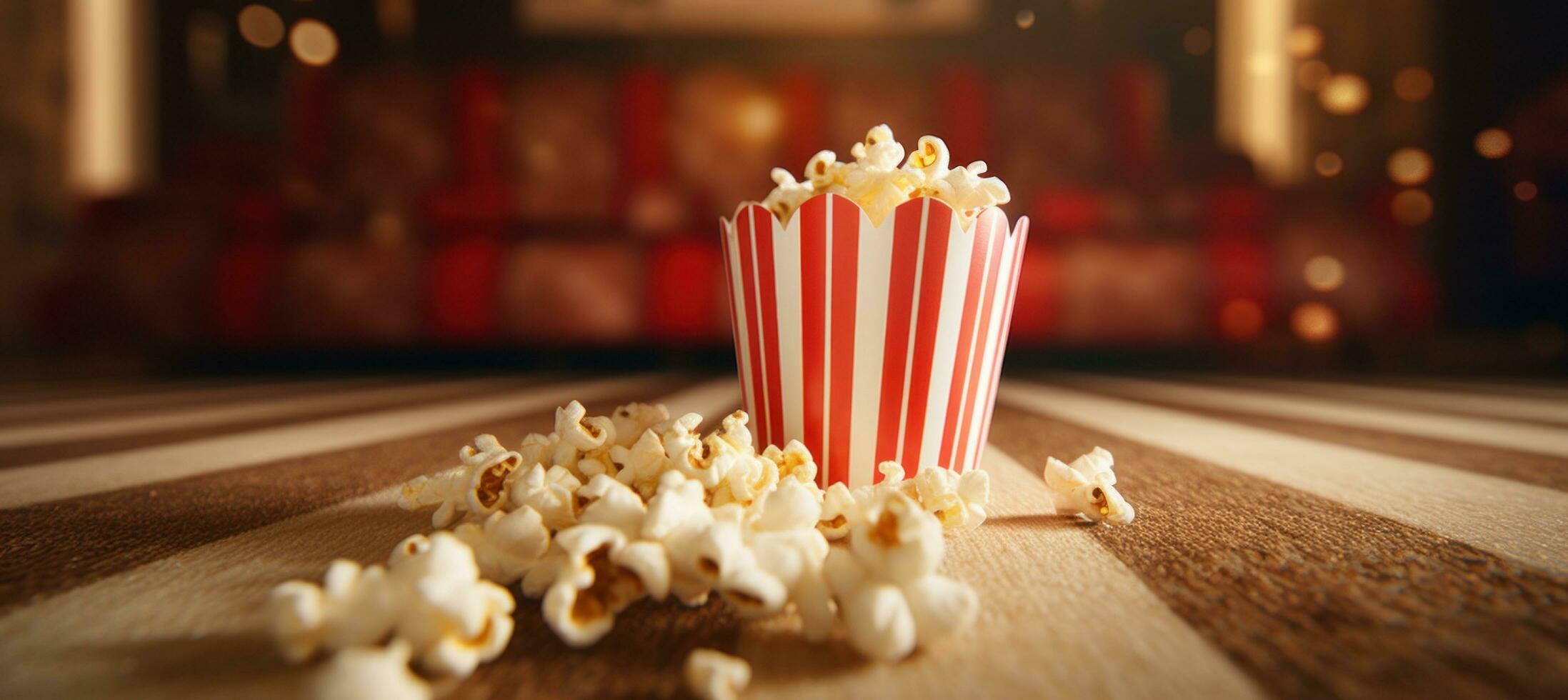 AI generated popcorn in a bag in the centre of a brown floor photo