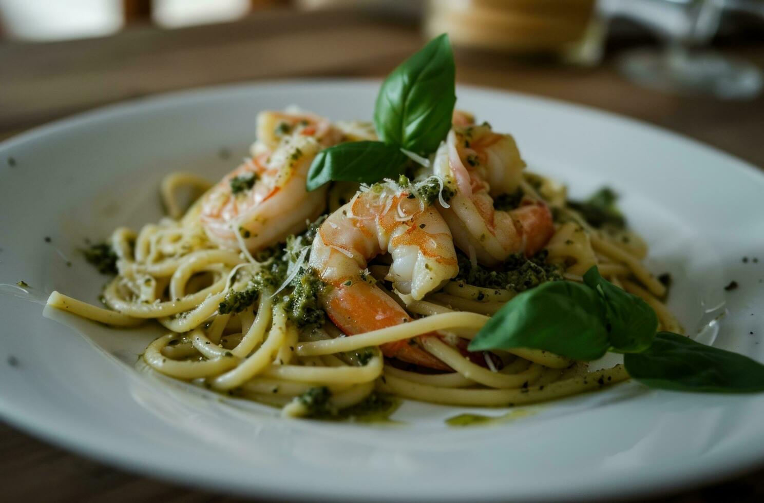 AI generated prawn and pesto spaghetti on a white plate photo