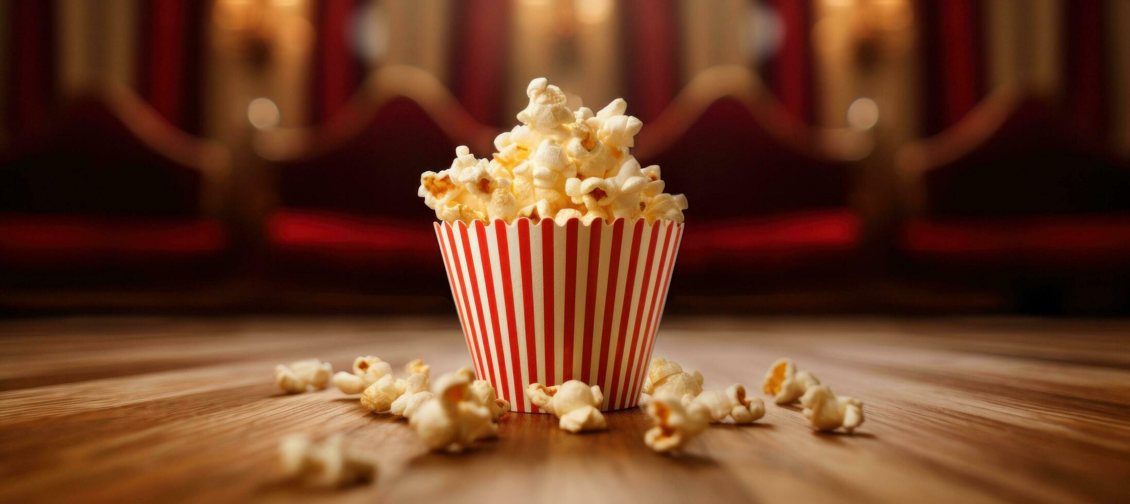 AI generated popcorn in a bag in the centre of a brown floor photo