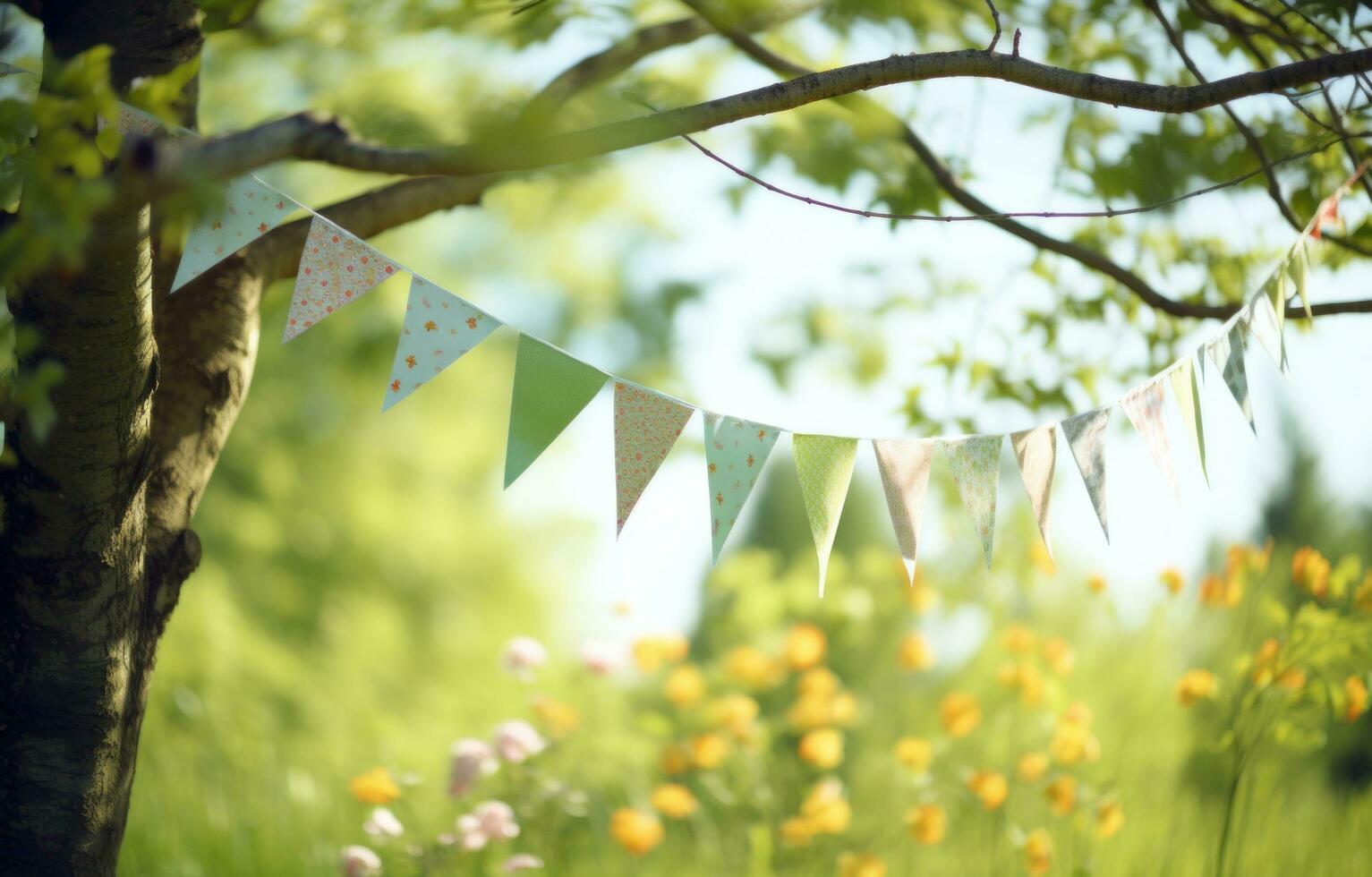 AI generated paper bunting in sunlight for a wedding or party photo