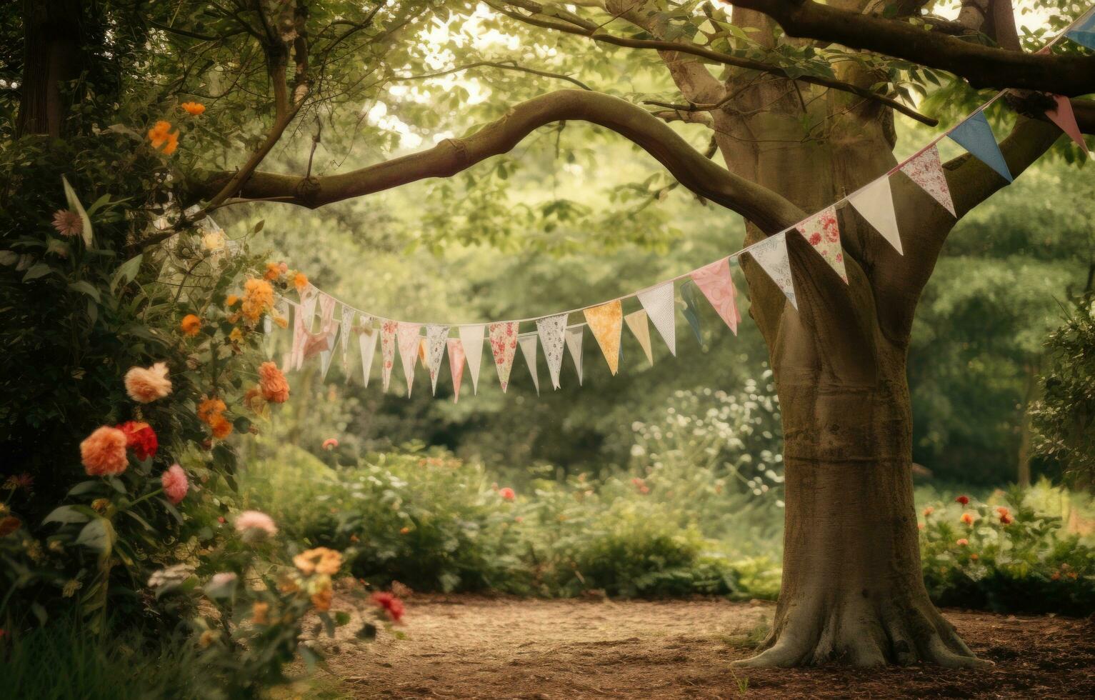 AI generated paper bunting in sunlight for a wedding or party photo