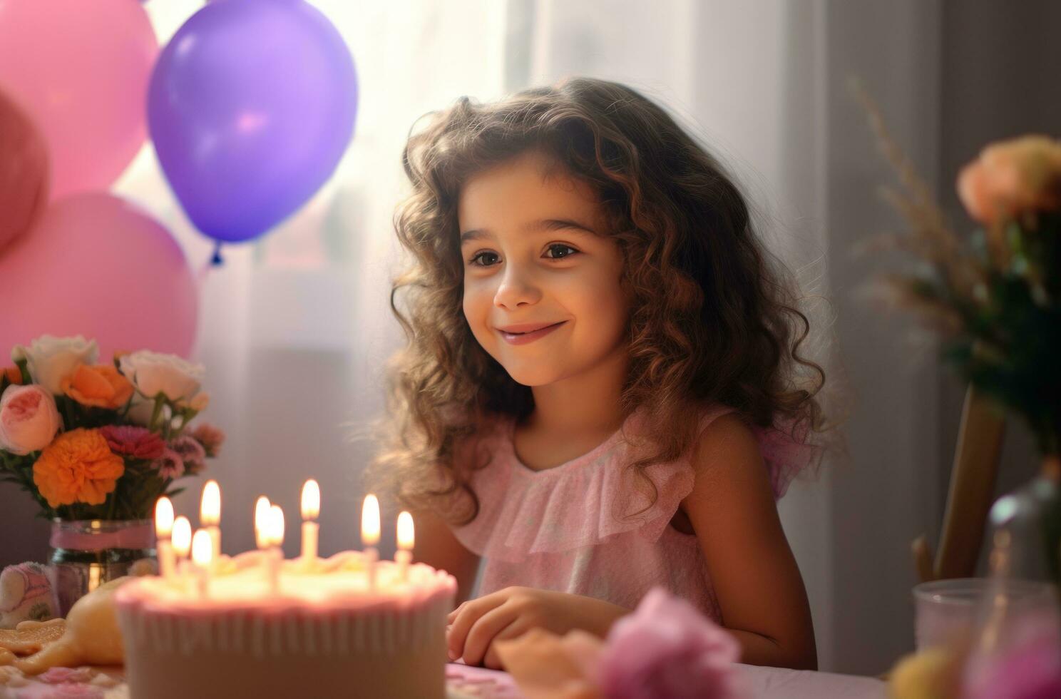 ai generado pequeño niña regalos a un cumpleaños fiesta foto