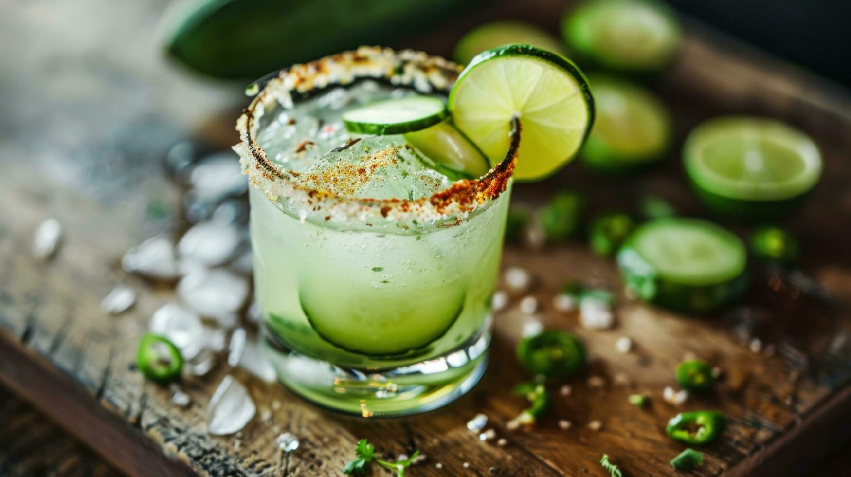 AI generated Cucumber Margarita with Lime and a Spicy Rim photo