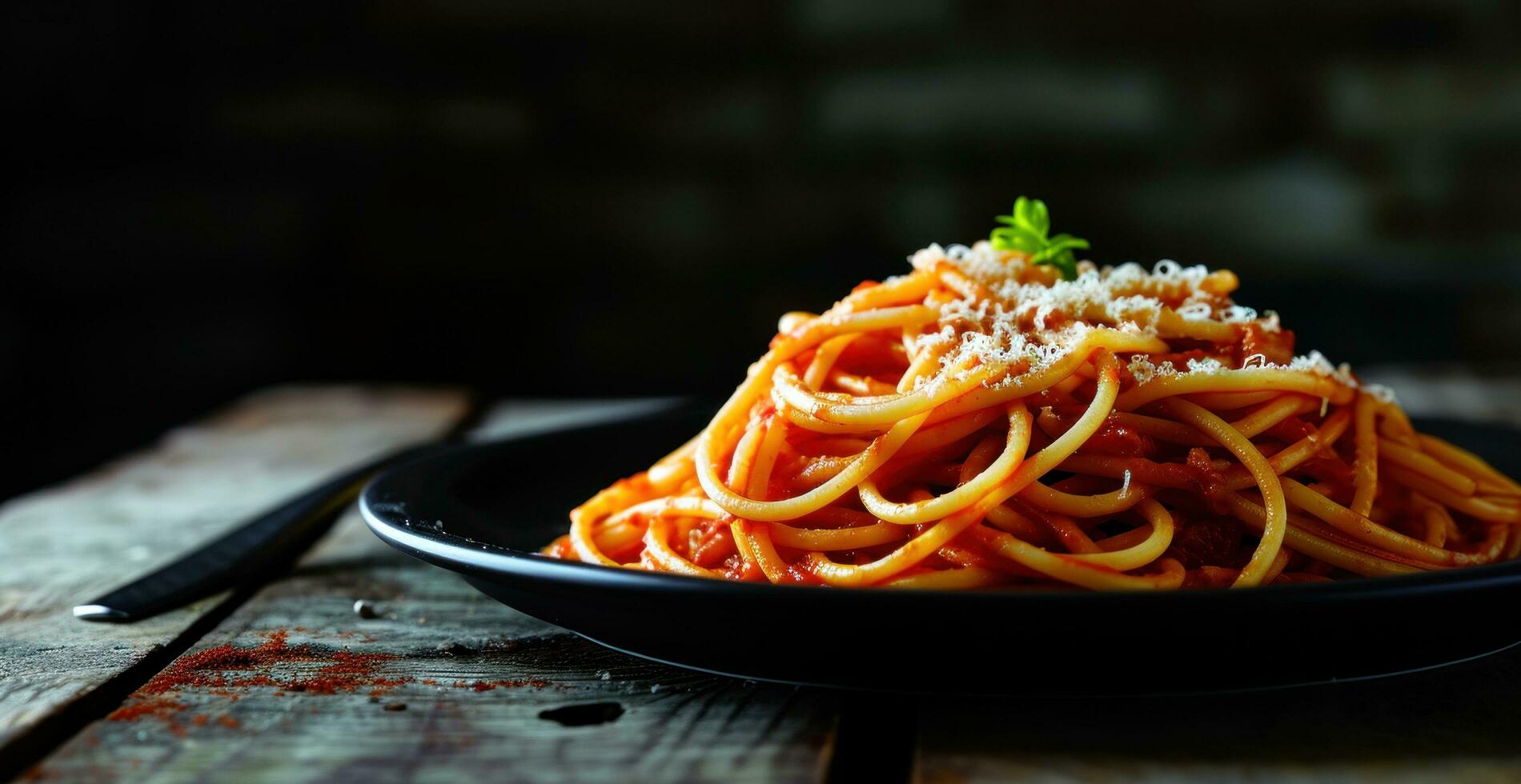 AI generated spaghetti on a plate on black background photo