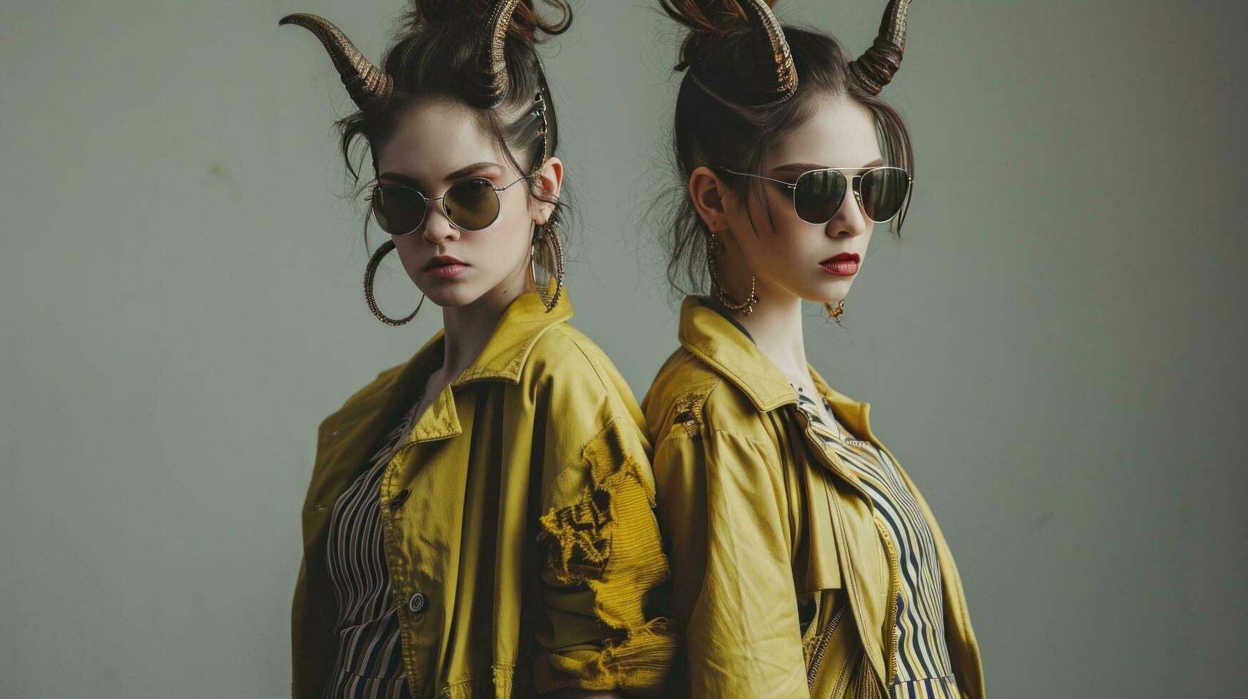 AI generated Two Sisters with Horns Hairstyle Strike a Pose in Studio photo