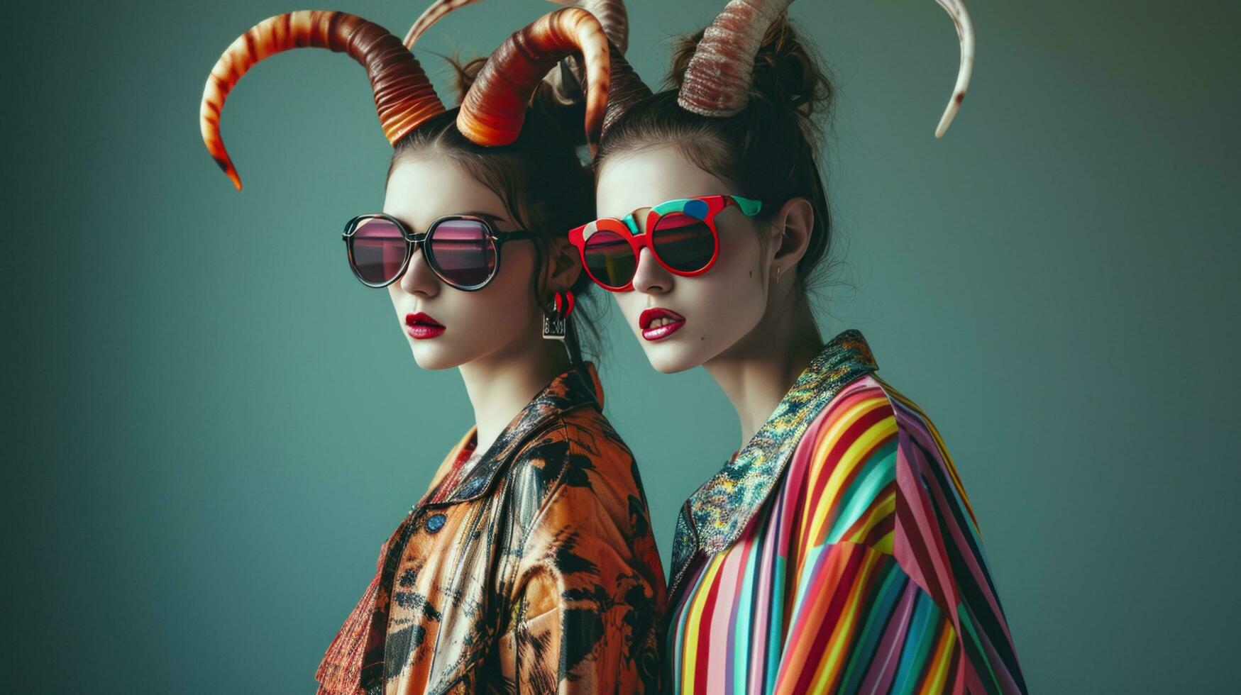 AI generated Two Sisters with Horns Hairstyle Strike a Pose in Studio photo