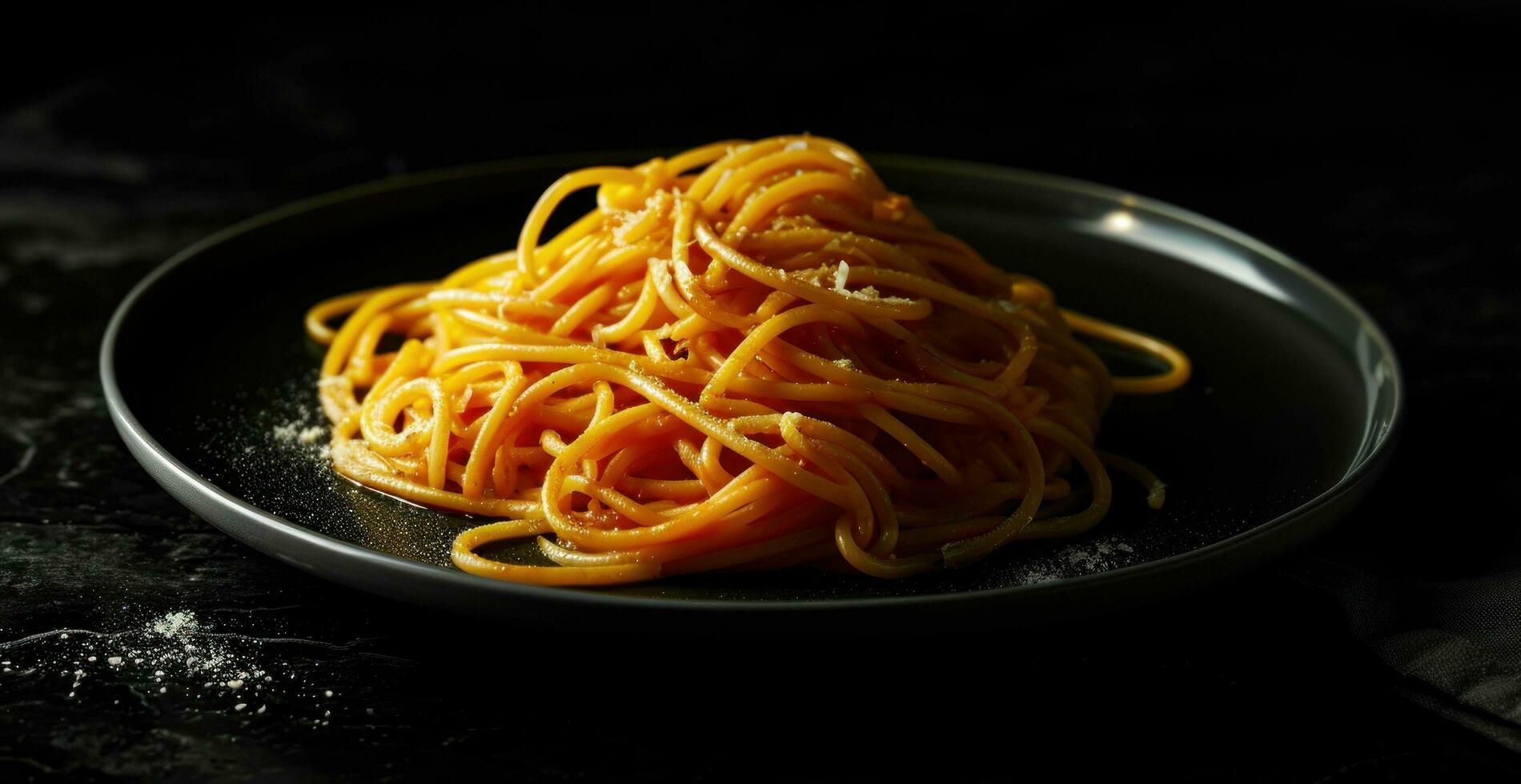 ai generado espaguetis en un plato en negro antecedentes foto
