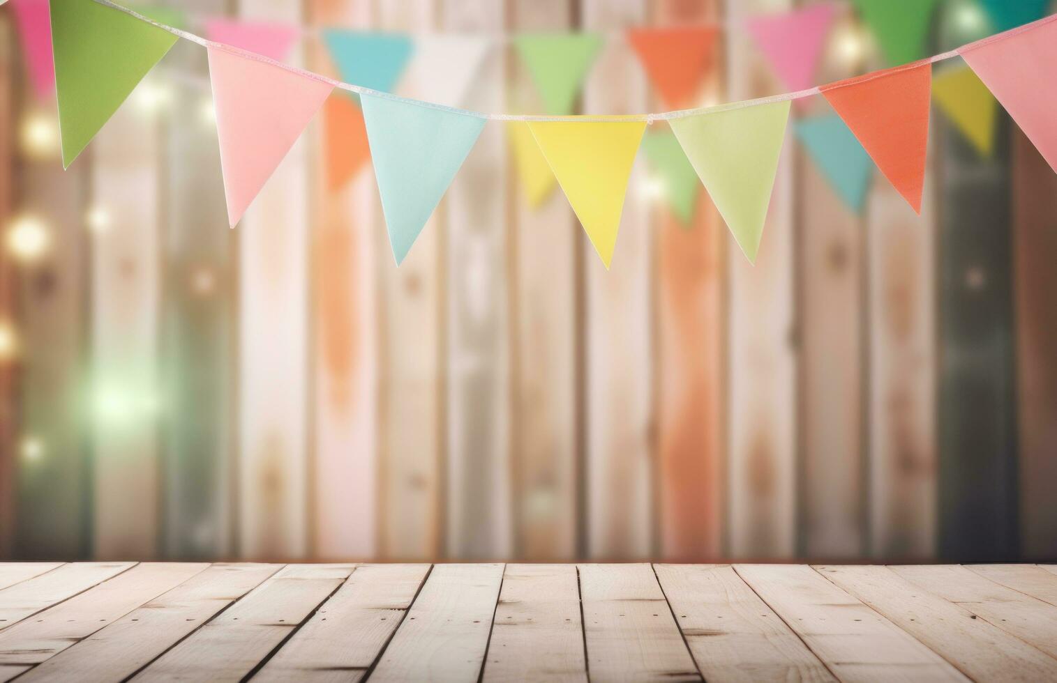 AI generated wooden planks and colorful bunting around a wooden board photo