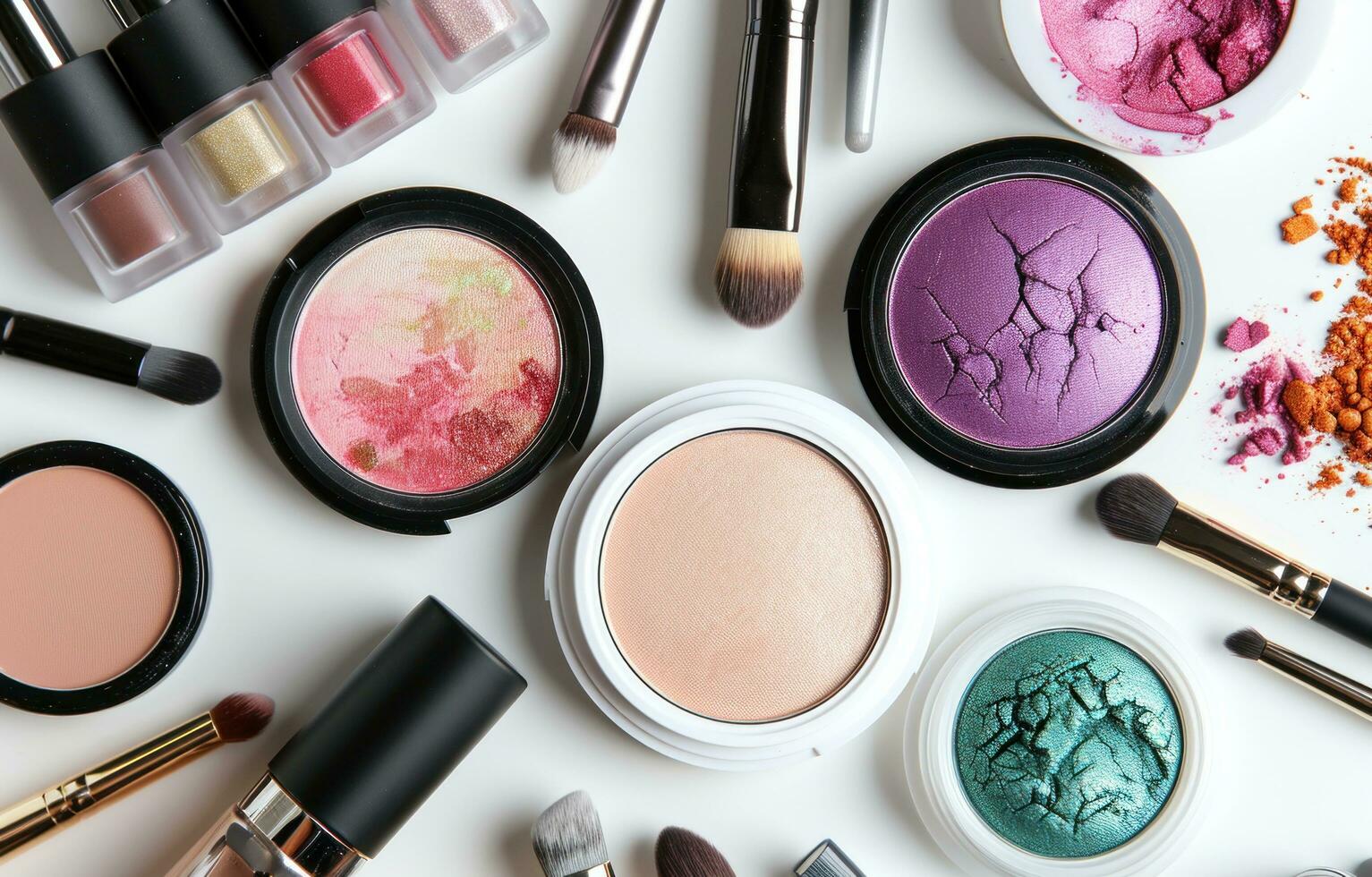 AI generated various makeup products is shown in a circle on a white background photo