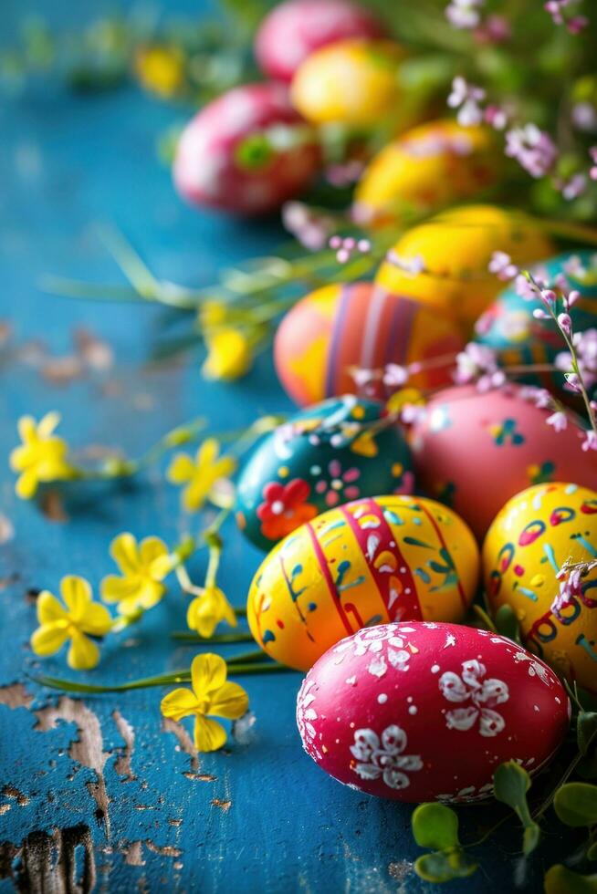 ai generado Pascua de Resurrección antecedentes con animado colores, decorado huevos foto