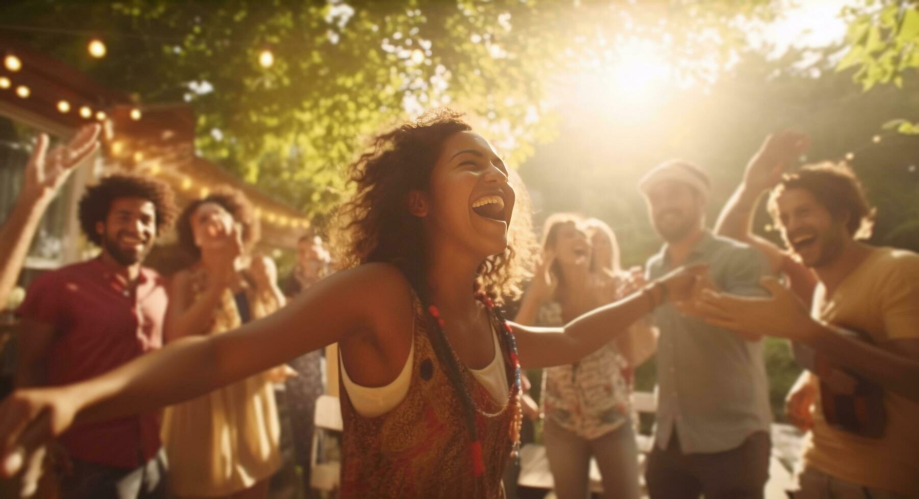 ai generado personas bailando a un patio interior fiesta foto