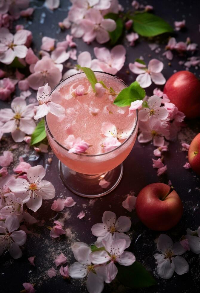 AI generated pink apple cocktail with flowers and green leaves photo