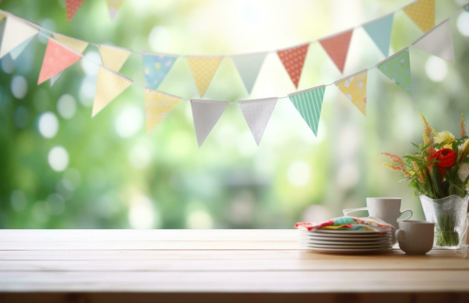 AI generated white paper table with colorful bunting banners on it photo