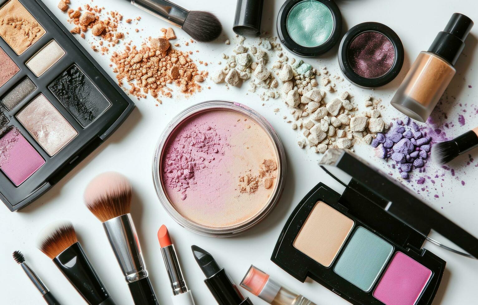 AI generated various makeup products is shown in a circle on a white background photo