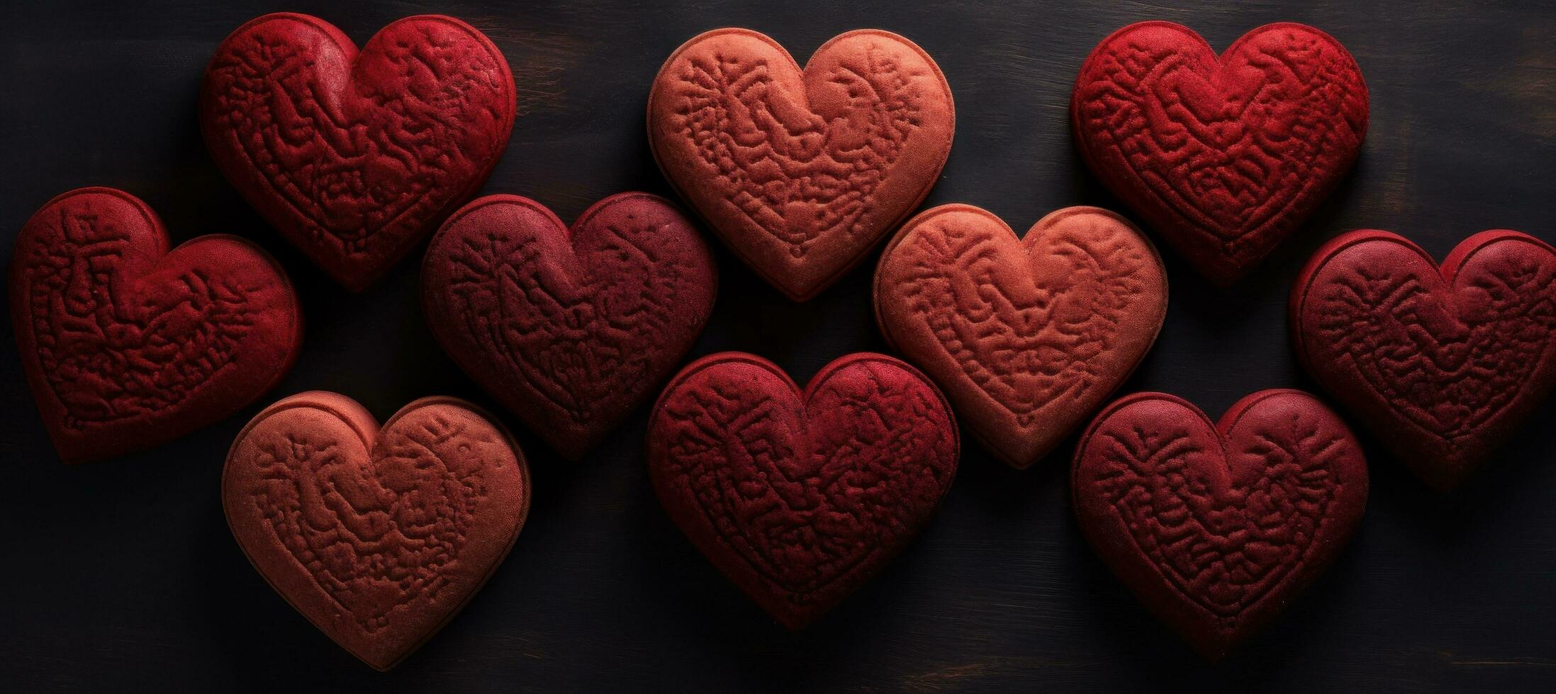 AI generated various red biscuits in a circle of hearts, emotionally complex, comfycore photo