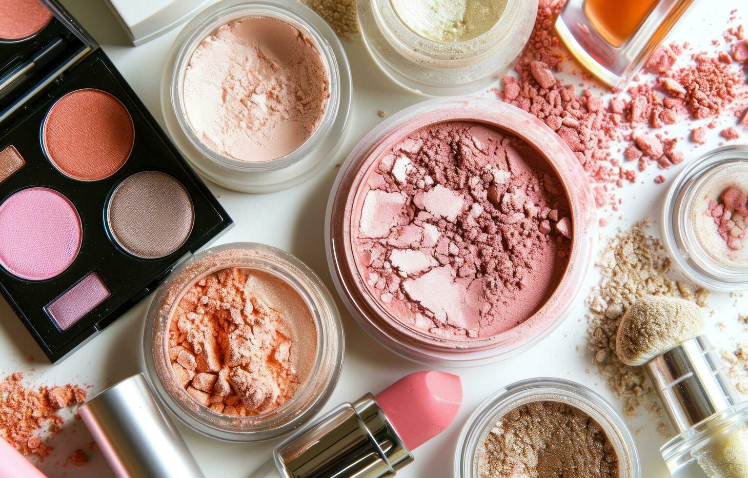 AI generated various makeup products is shown in a circle on a white background photo