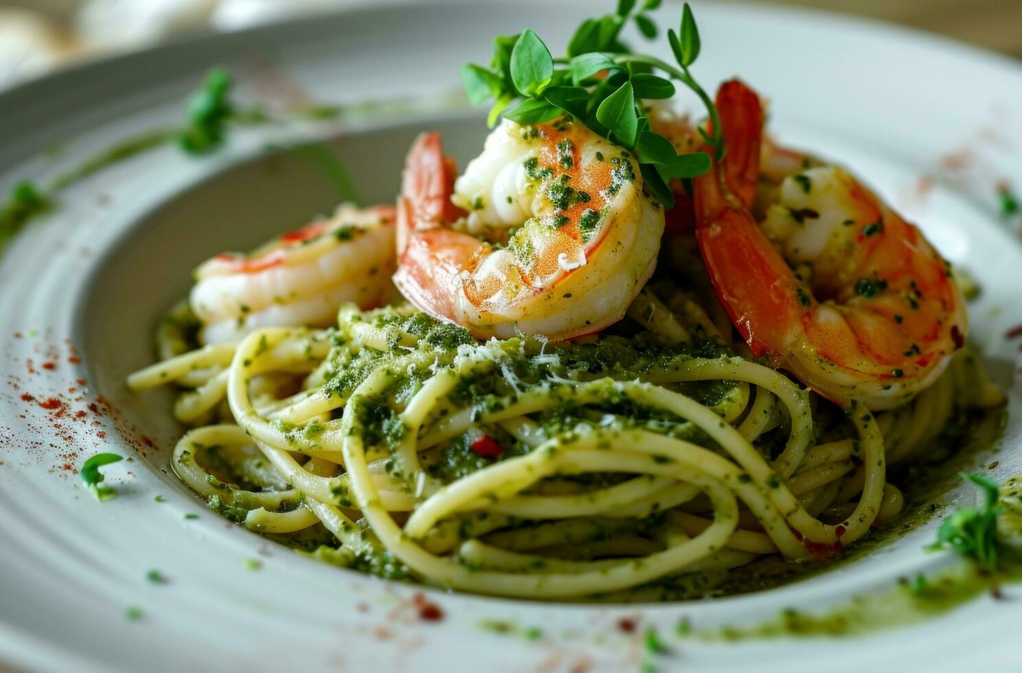 AI generated prawn and pesto spaghetti on a white plate photo