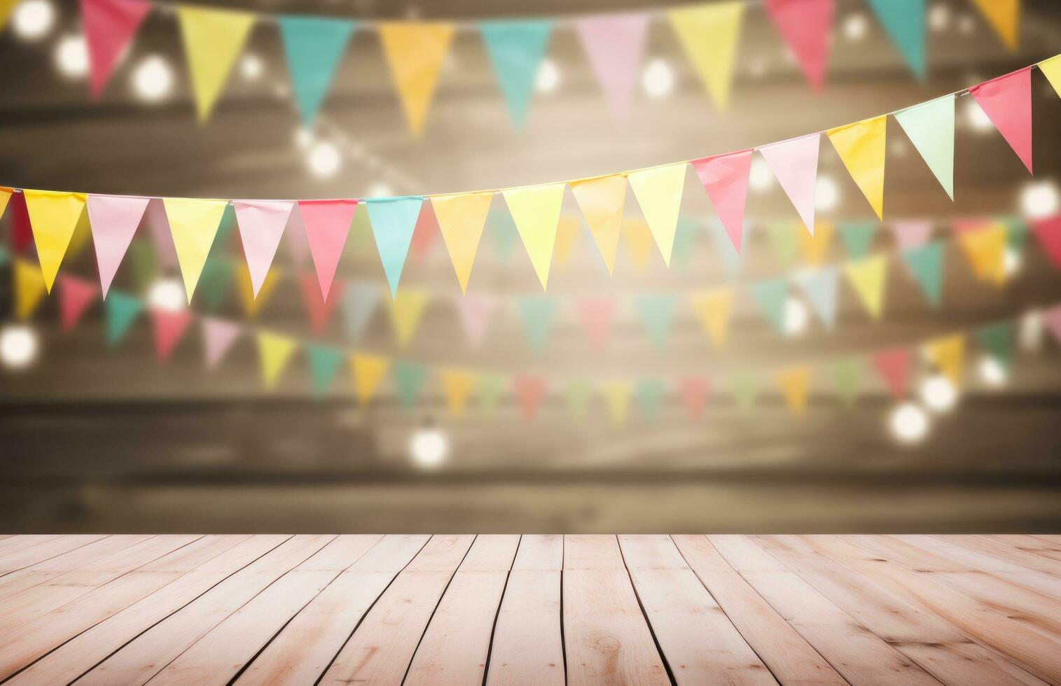 AI generated wooden planks and colorful bunting around a wooden board photo