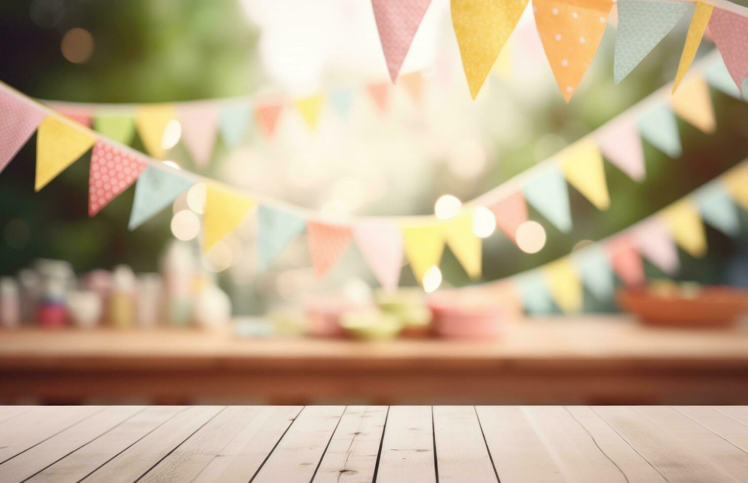 AI generated wooden planks and colorful bunting around a wooden board photo