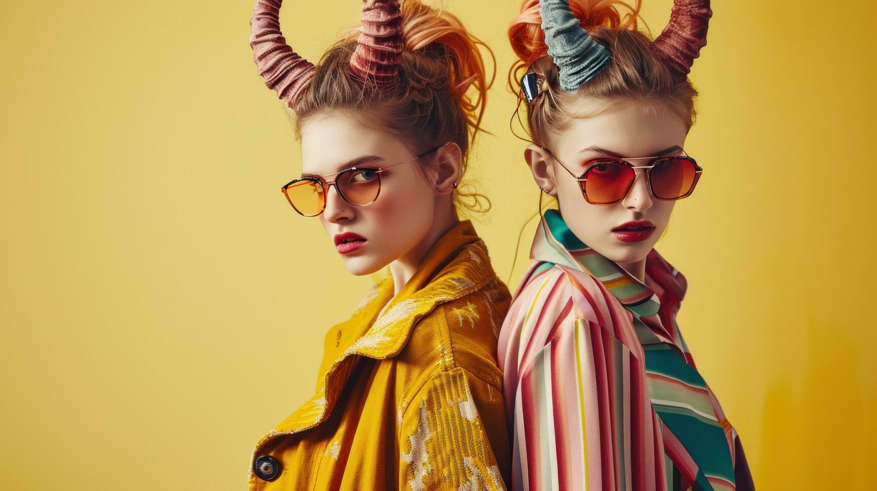 AI generated Two Sisters with Horns Hairstyle Strike a Pose in Studio photo