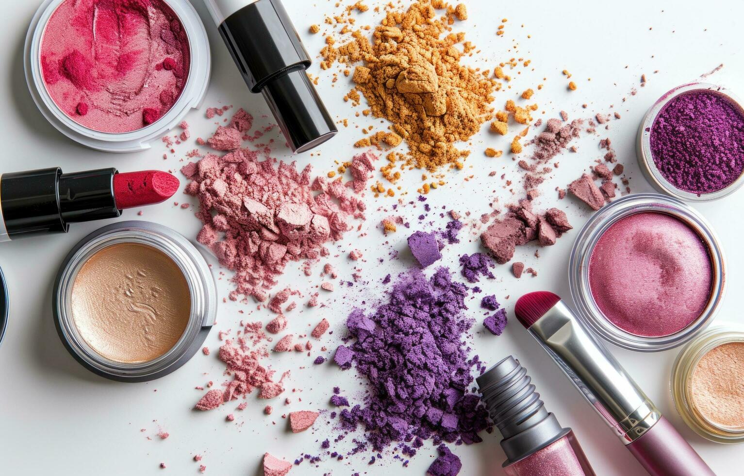 AI generated various makeup products is shown in a circle on a white background photo
