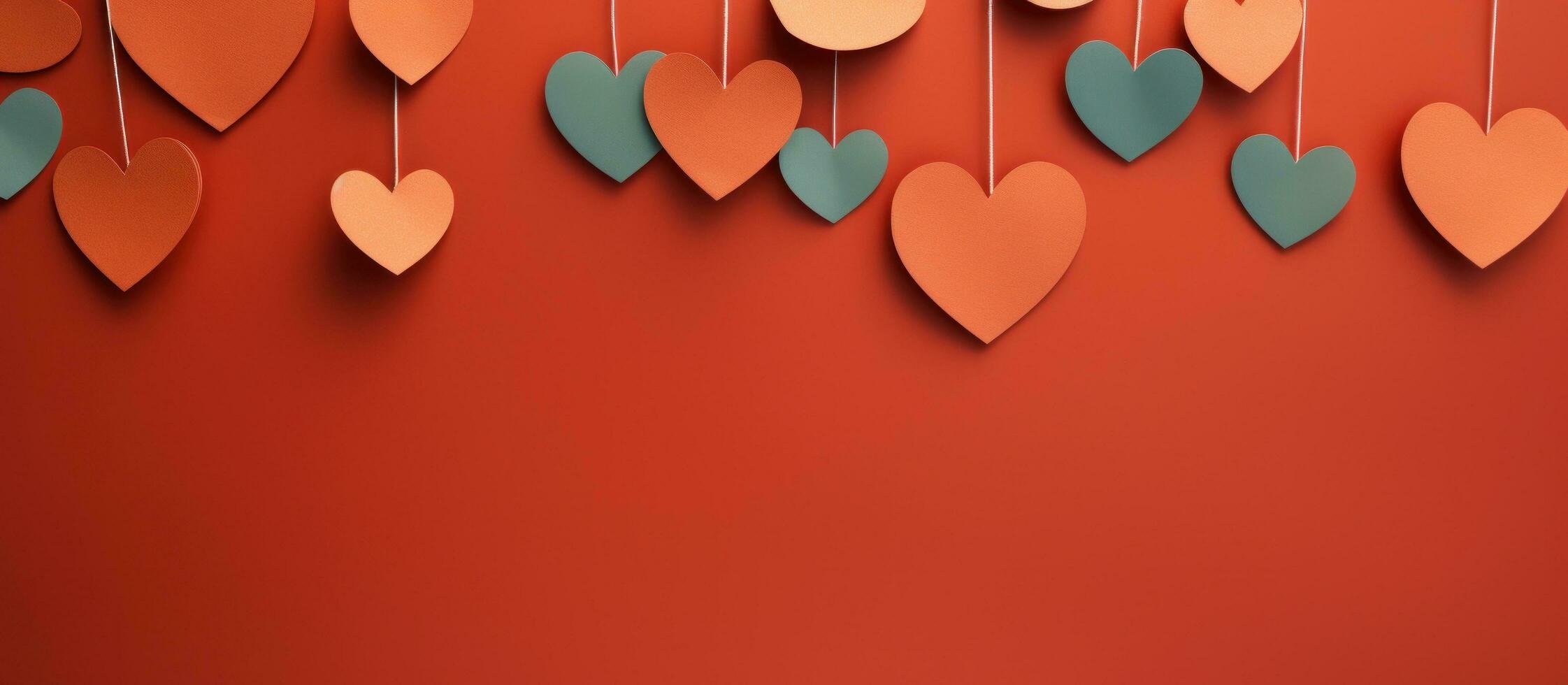 AI generated red paper hearts are hanging down on red background photo