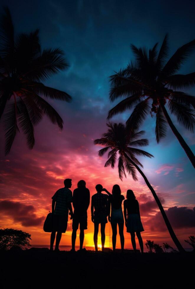 AI generated sunset group of people by a palm tree photo