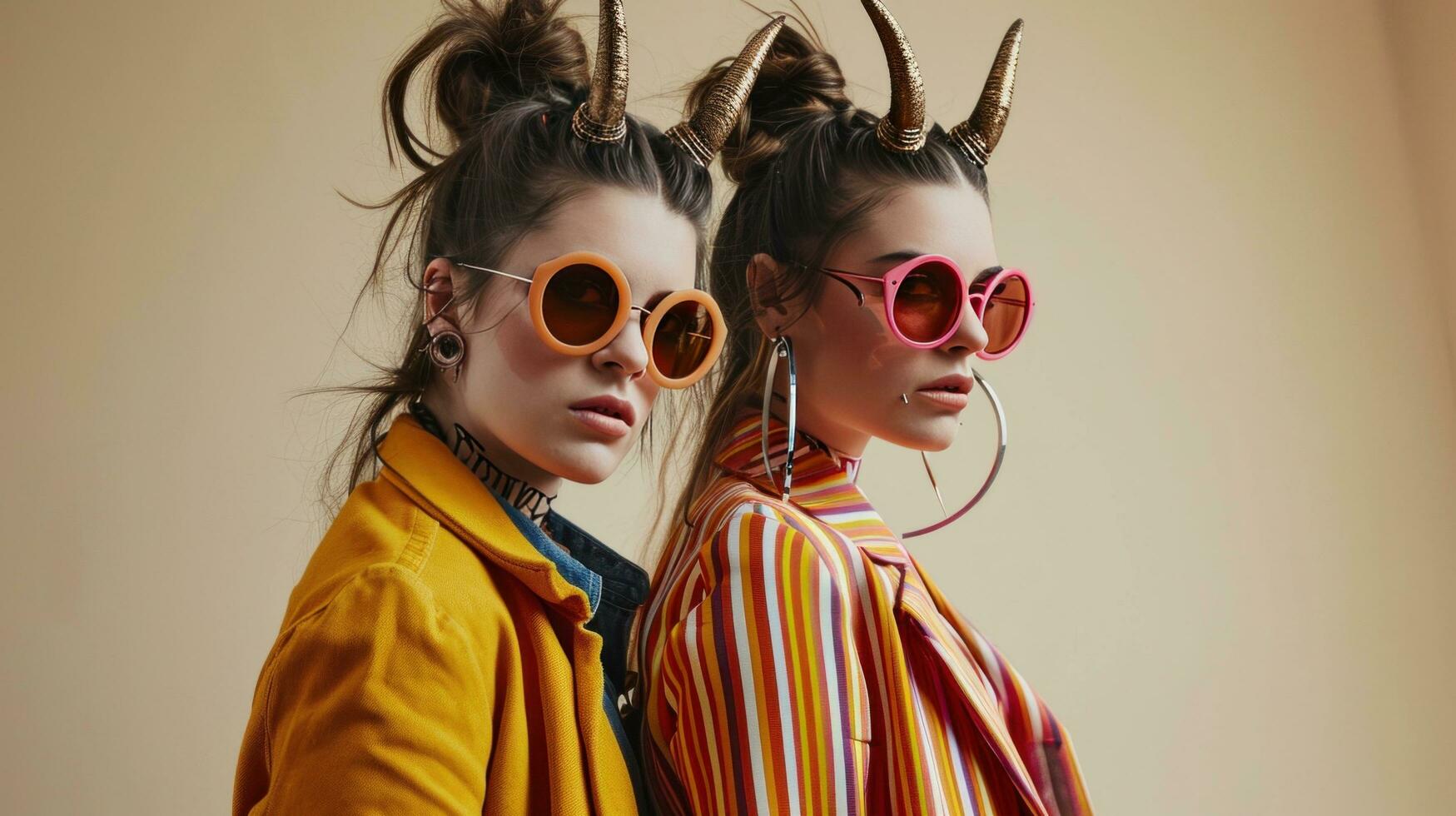 AI generated Two Sisters with Horns Hairstyle Strike a Pose in Studio photo