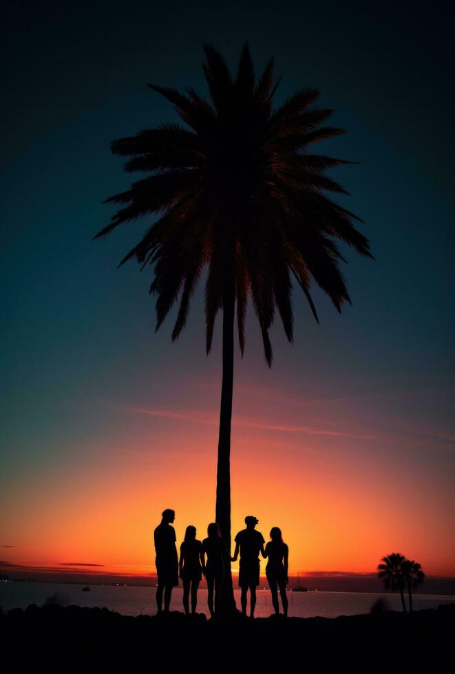 AI generated sunset group of people by a palm tree photo