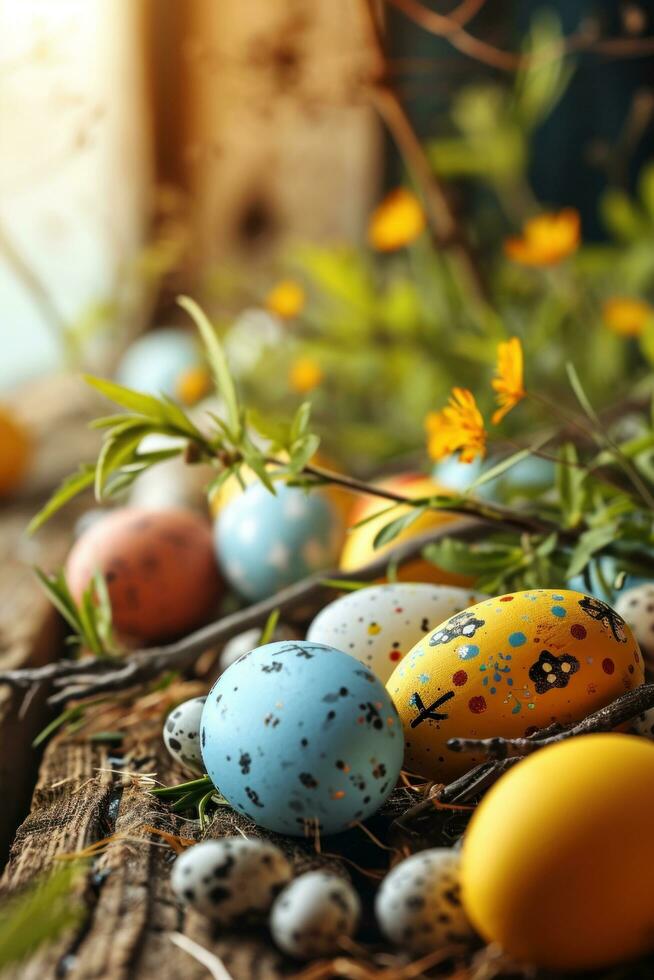 AI generated Easter background with lively colors, decorated eggs photo