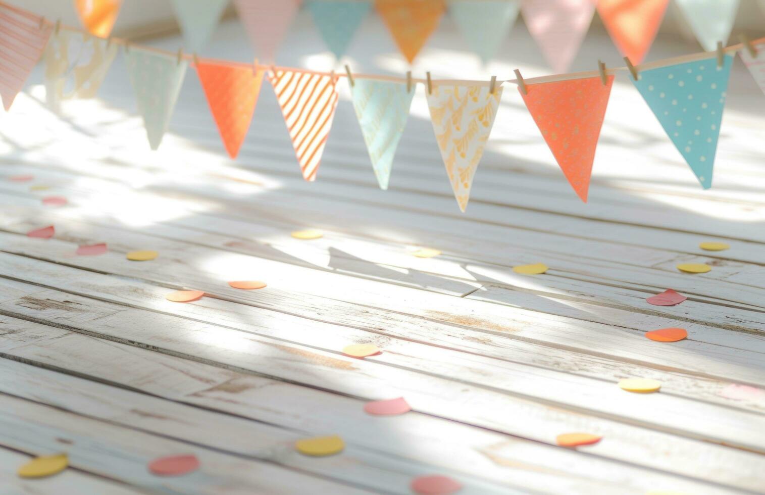 AI generated white wooden floor with colorful bunting background photo