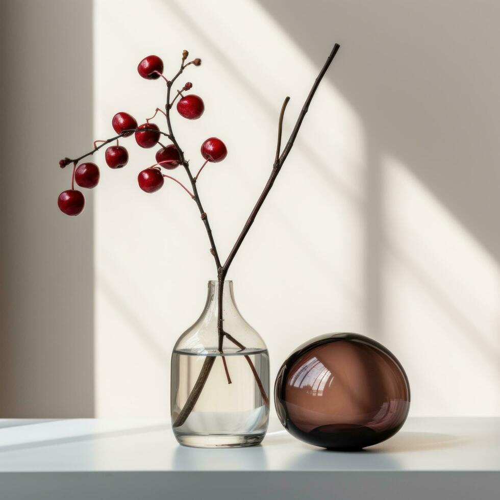 AI generated two red berries sitting on a table with a vase, photo