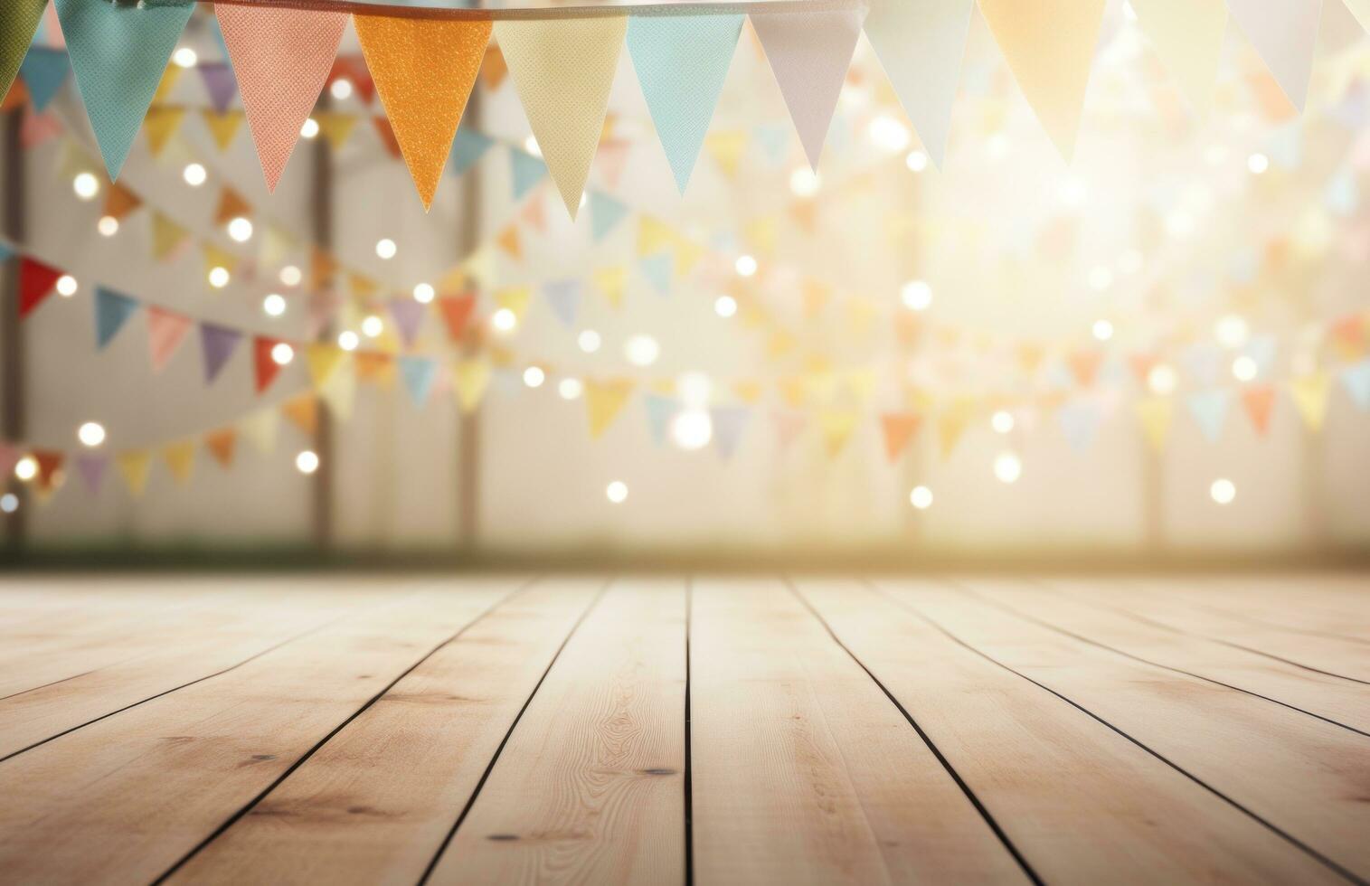 AI generated white wooden floor with colorful bunting background photo