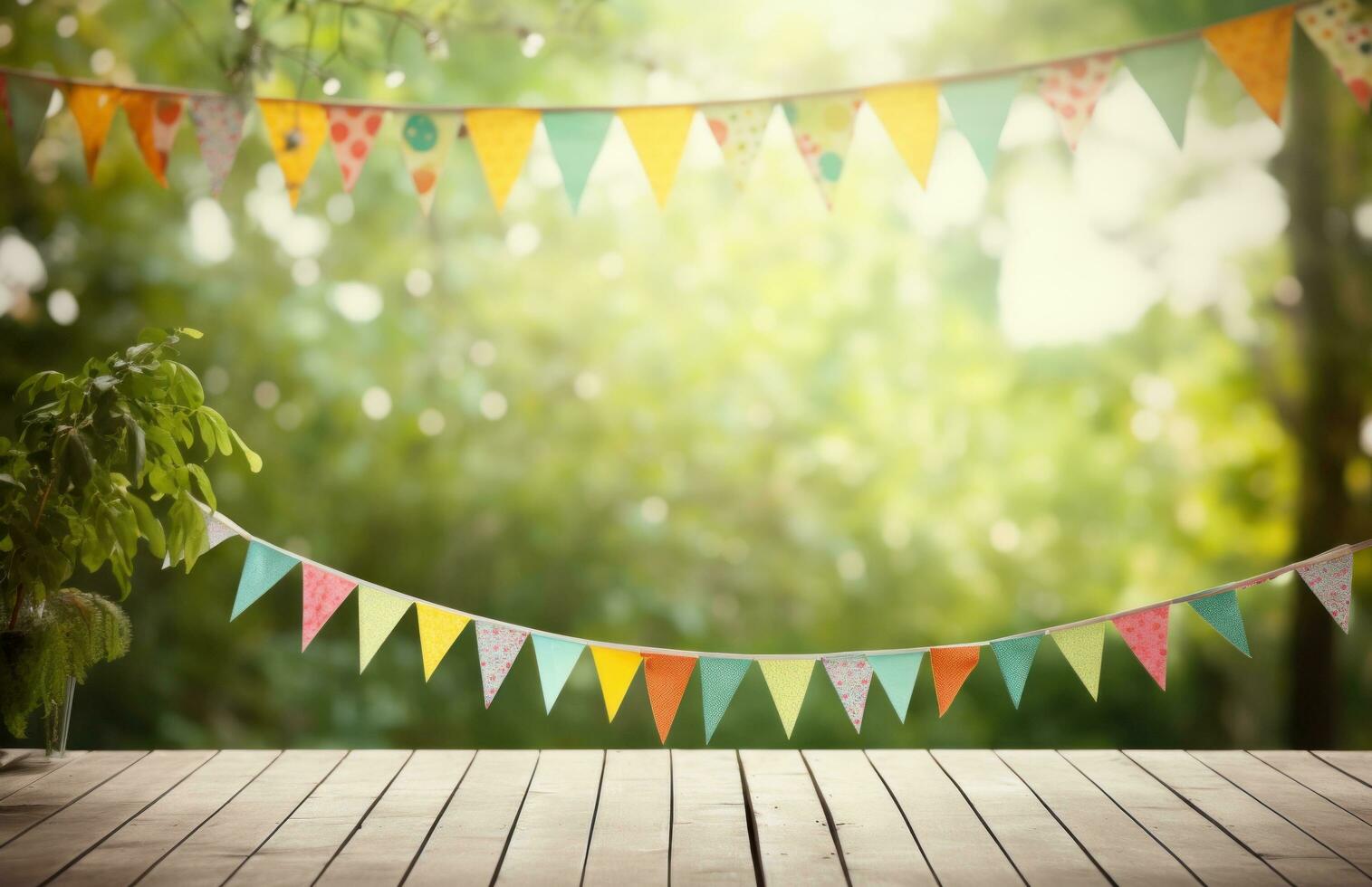 AI generated white paper table with colorful bunting banners on it photo