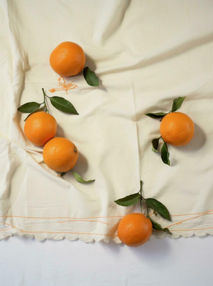 AI generated eight tangerines on white cloth, with green leaves, everyday ephemera, organic material photo