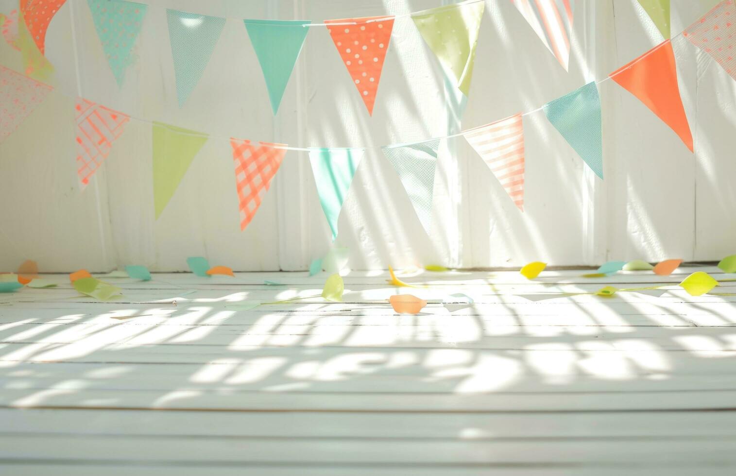 AI generated white wooden floor with colorful bunting background photo