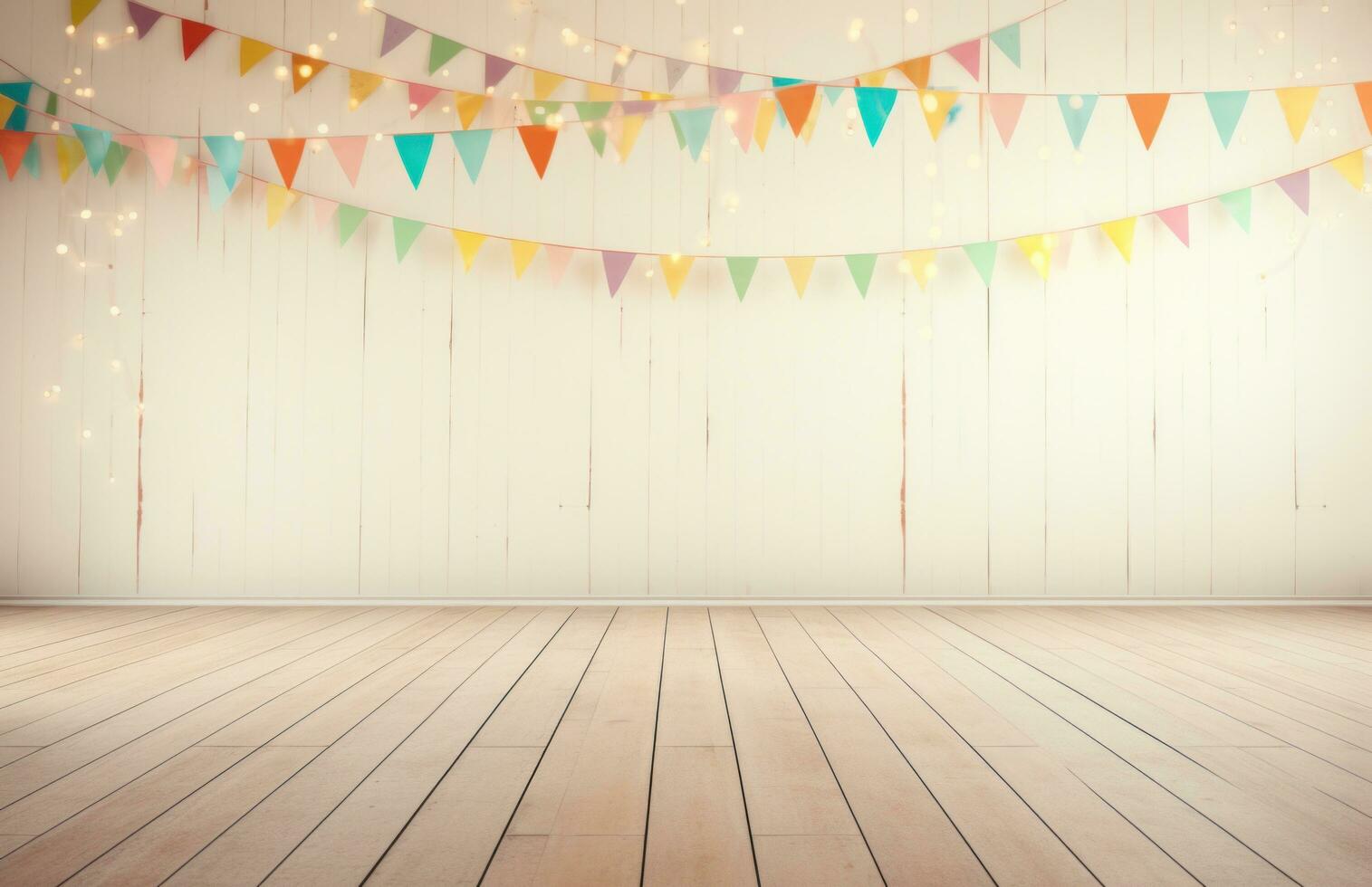 AI generated white wooden floor with colorful bunting background photo
