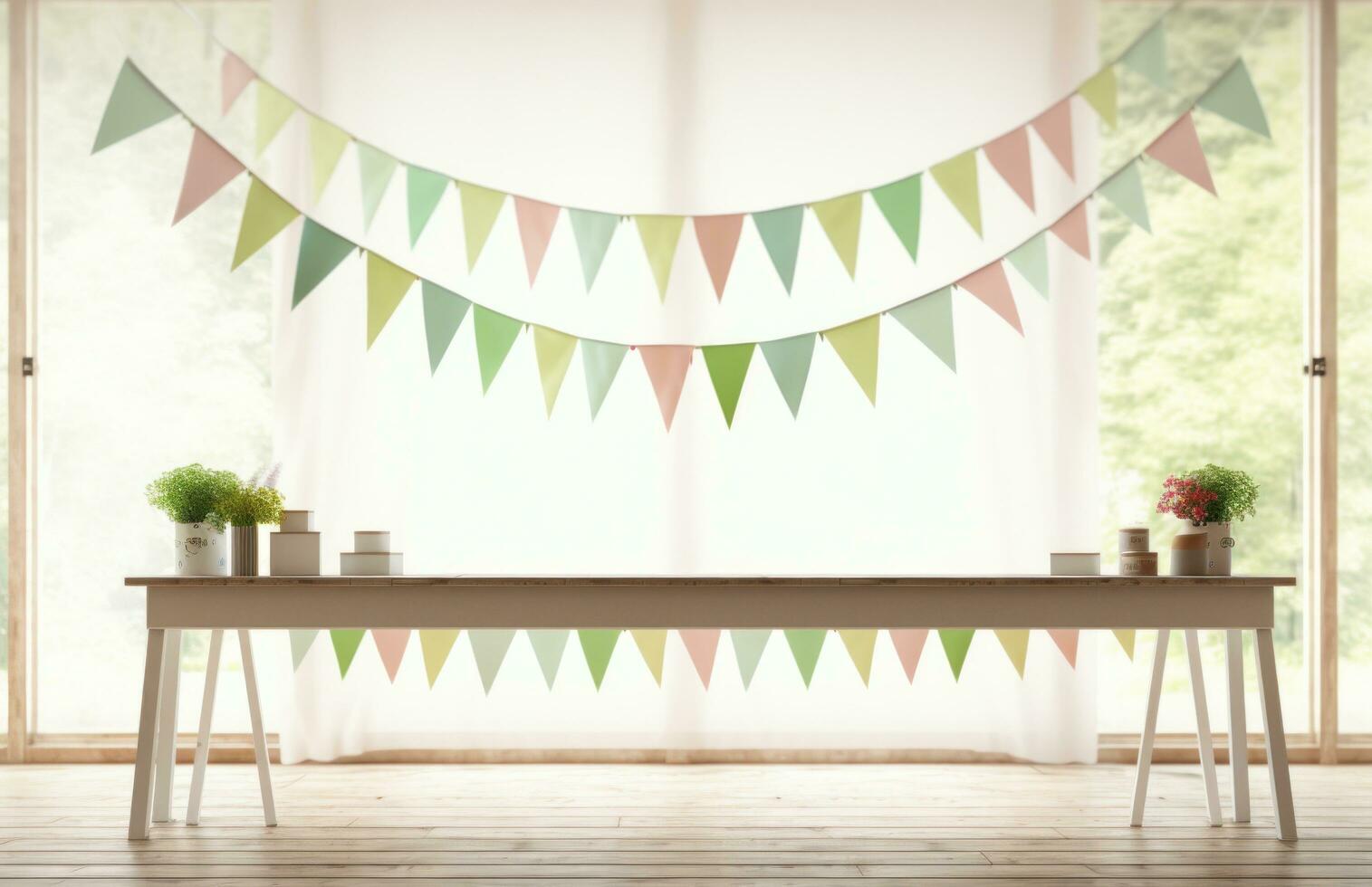 AI generated white paper table with colorful bunting banners on it photo