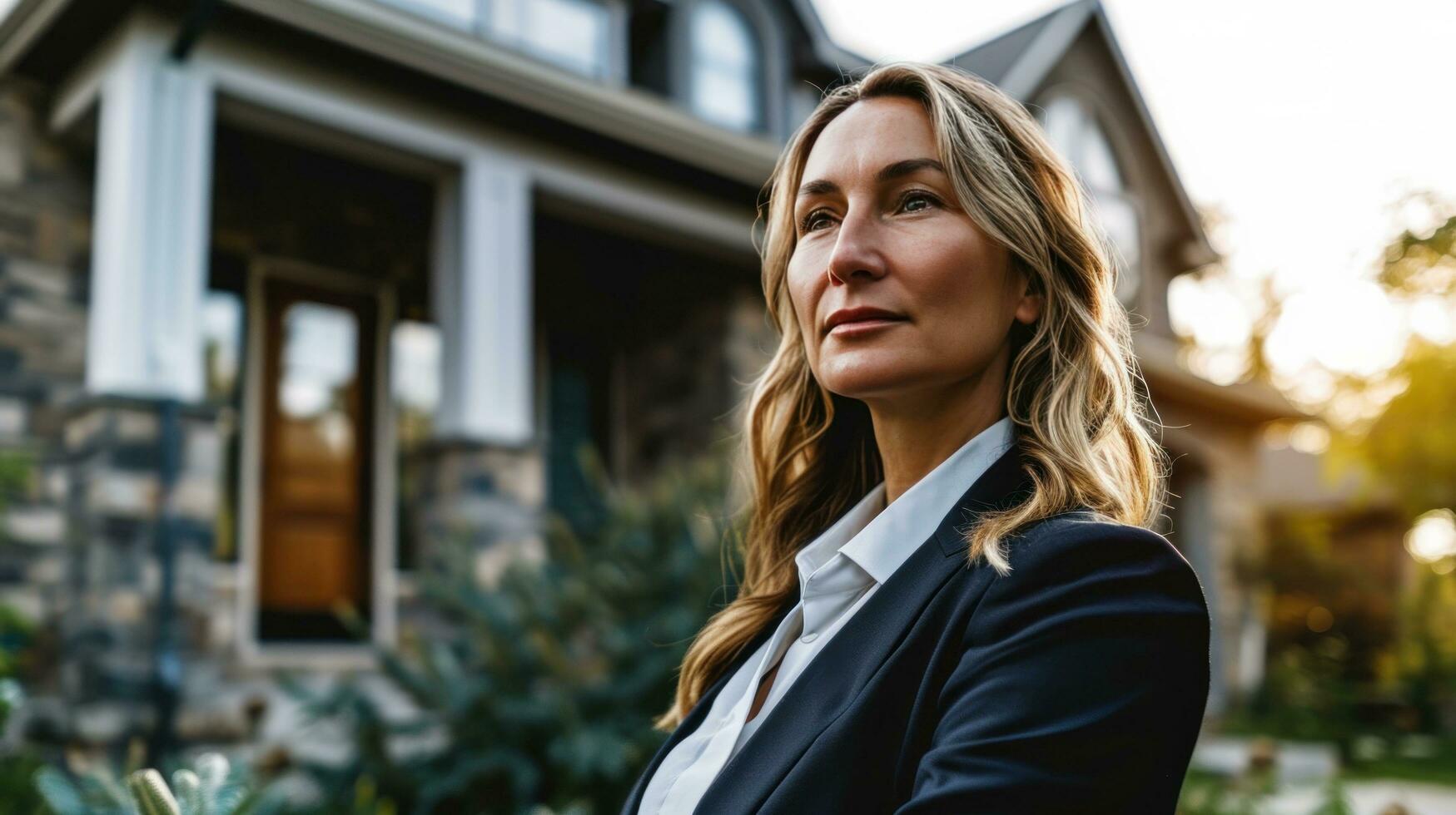 AI generated woman in business suit standing in front of house after signing a contrac photo