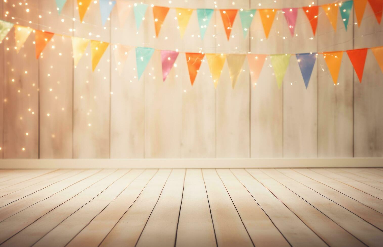 AI generated white wooden floor with colorful bunting background photo