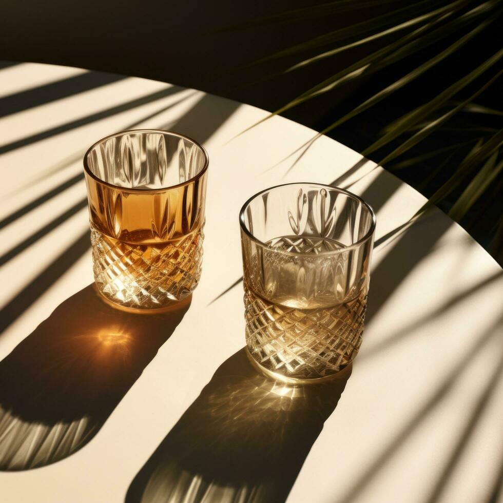 AI generated two glass tumblers on a table with shadows and shadows, photo