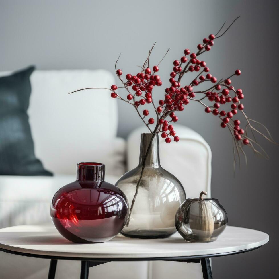 AI generated two red berries sitting on a table with a vase, photo