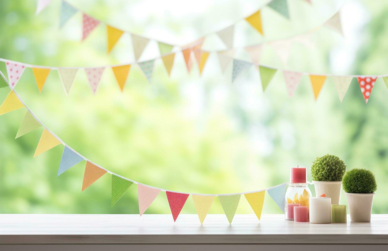 AI generated white paper table with colorful bunting banners on it photo