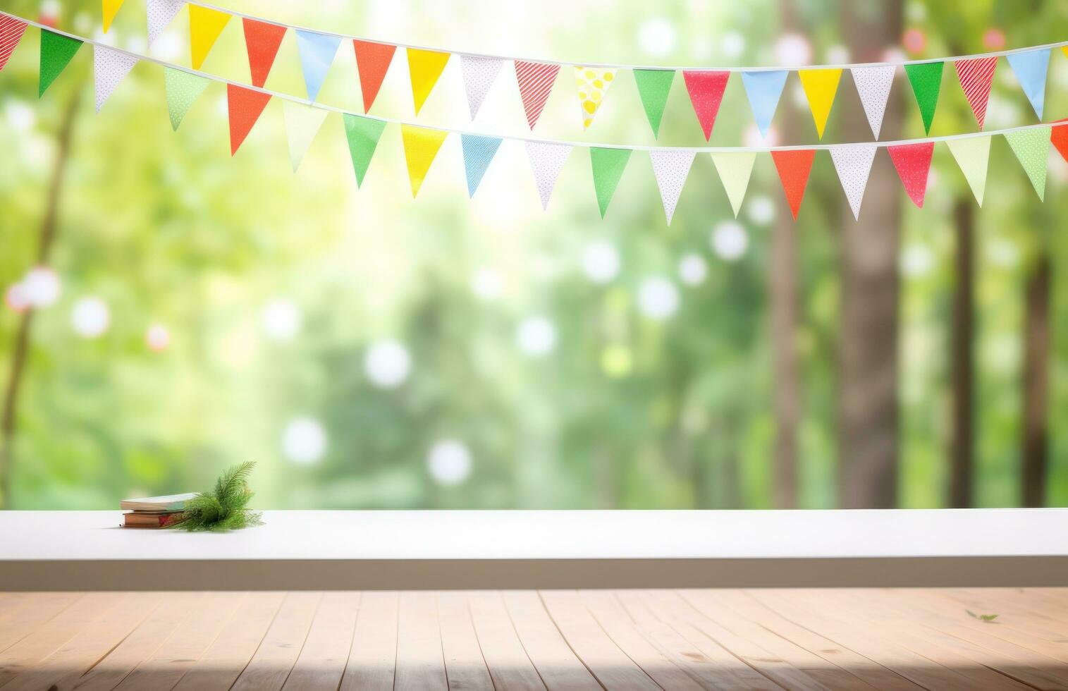 AI generated white paper table with colorful bunting banners on it photo