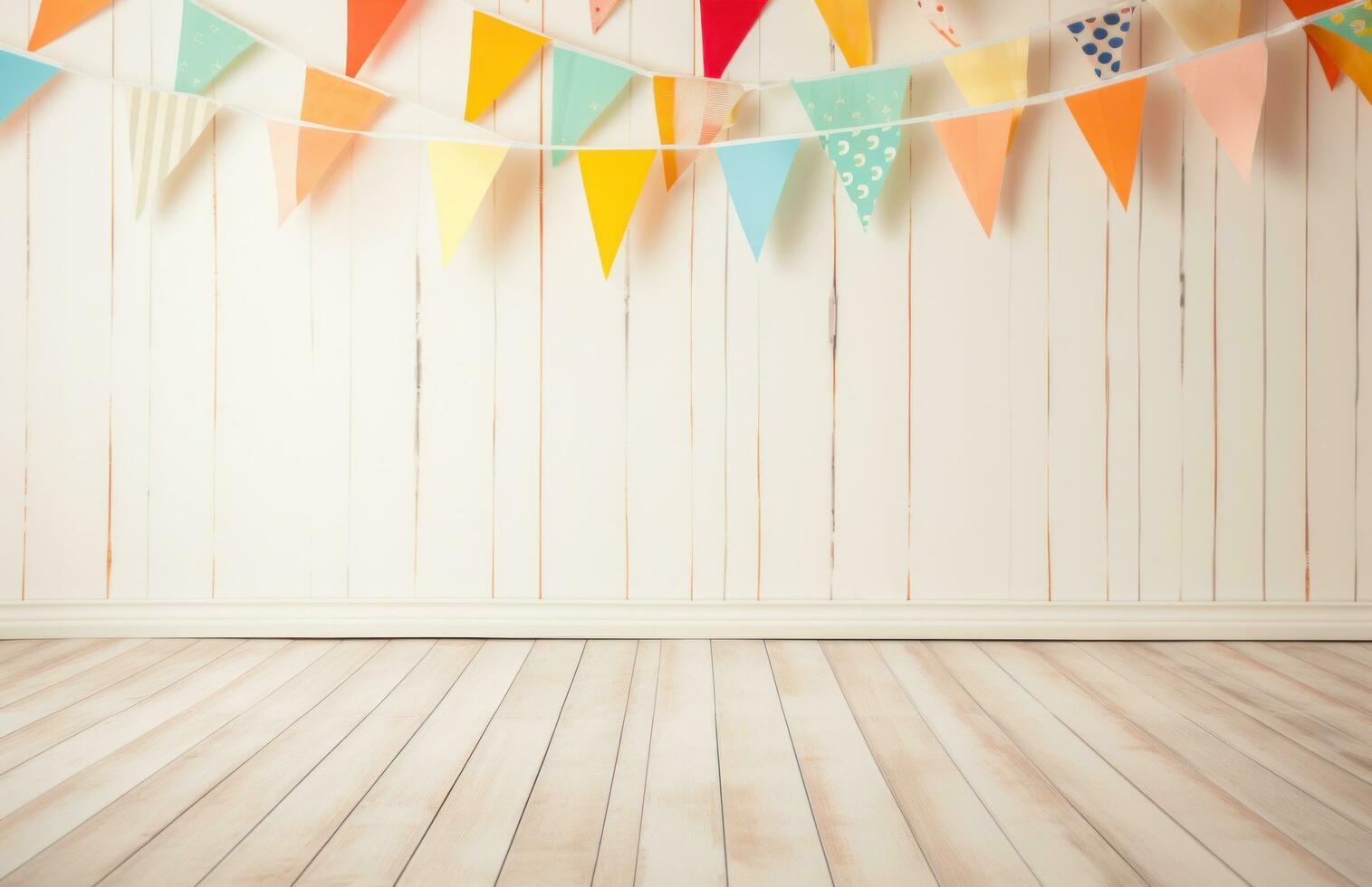 AI generated white wooden floor with colorful bunting background photo